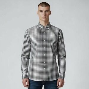 Eton Slim Fit Gingham Dress Shirt Men's 15 1/2 39 Black Long Sleeve Button Down